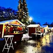 Ein Weihnachtsstand mit Dekoration und geschmücktem Baum.