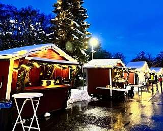 Beleuchtete Stände und Weihnachtsbaum auf einem festlichen Markt.